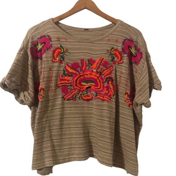 Free People Catalunya Cropped Floral Embroidered Striped Knit Tshirt Small - Picture 1 of 6